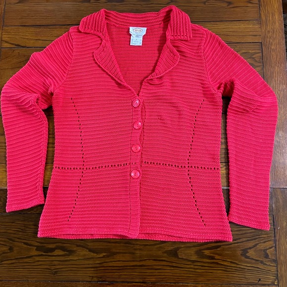 Talbots Chunky Knit Mercerized Cotton Cardigan Sweater Red Openwork Women Size M - Picture 1 of 10